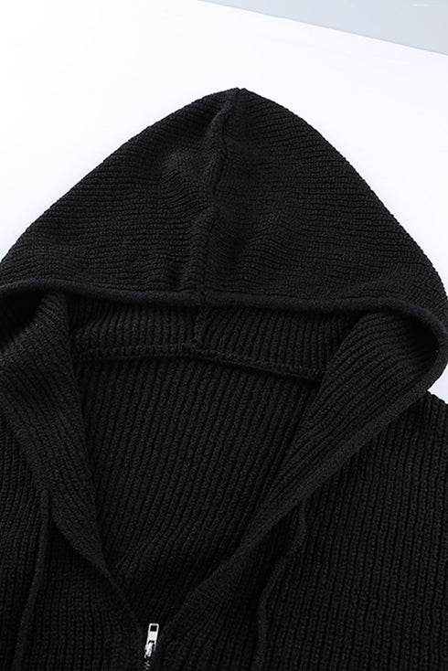 Zipper V-Neck Dropped Sleeve Hooded Solid Sweater
